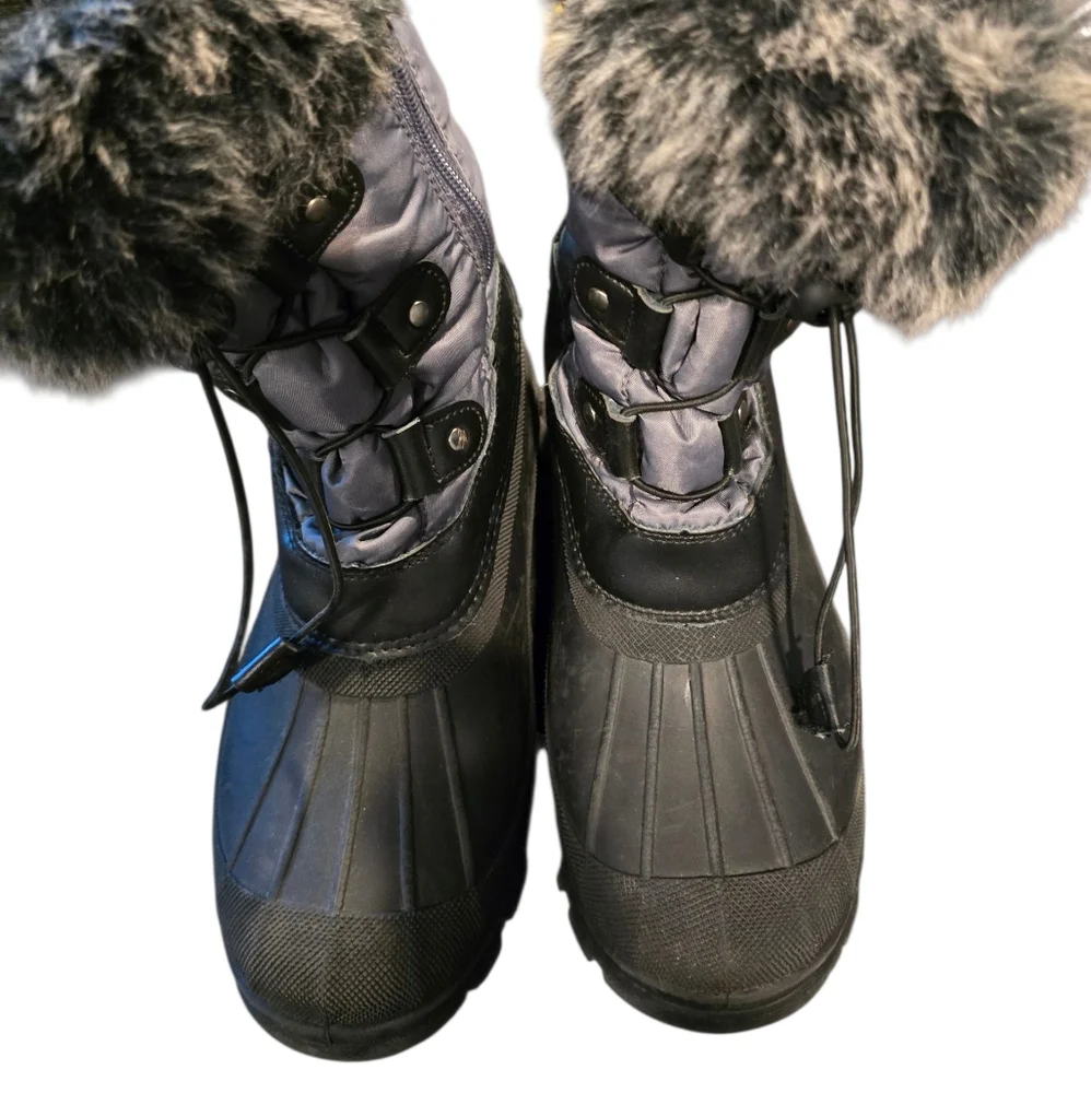 Thinsulate KSNOW black gray fur top lace up winter snow waterproof boots sz 6